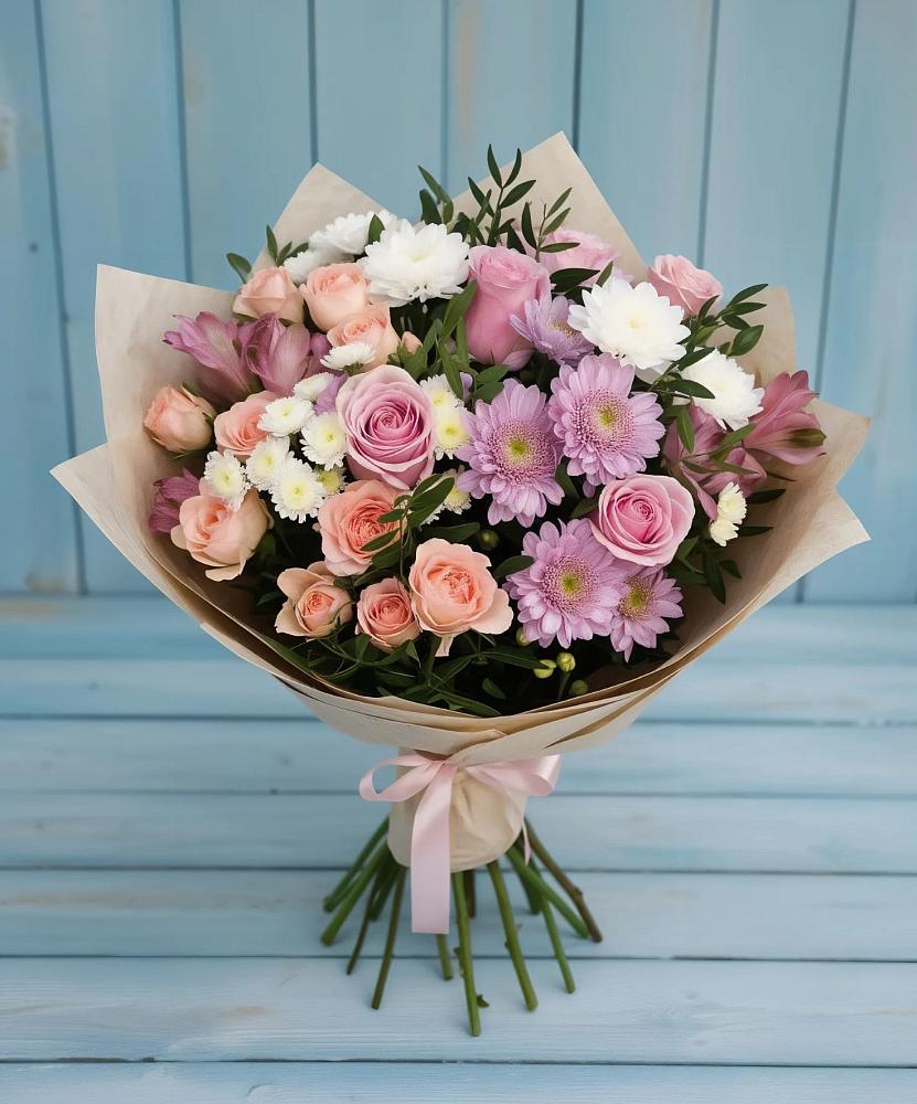 Букет цветов из: Хризантемы, Розы и Альстромерии в Комсомольском Республика Крым