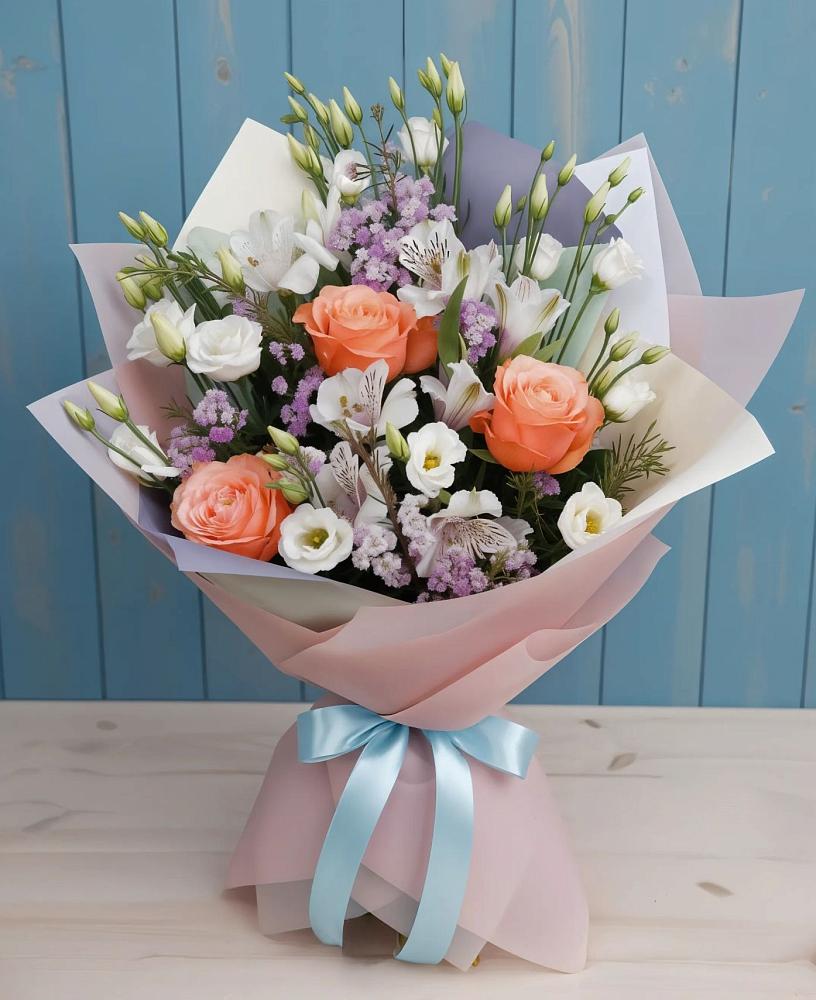 Букет цветов из: Лизиантусы, Розы, Альстромерии и Гипсофила в Комсомольском Республика Крым