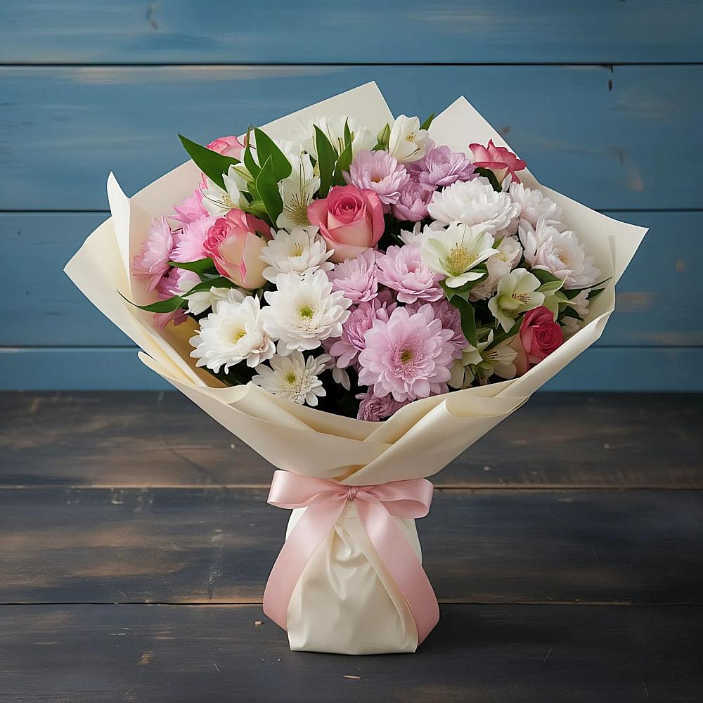 Букет цветов из: Хризантемы, Альстромерии и Розы в Комсомольском Республика Крым